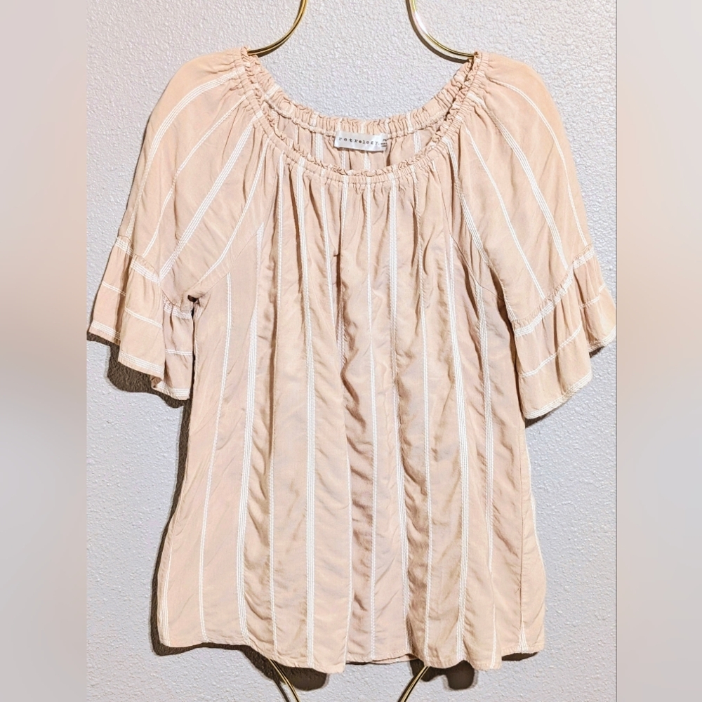 Retrology Petite Medium Rayon Smocked Striped Ruffle Sleeve Blouse Beige